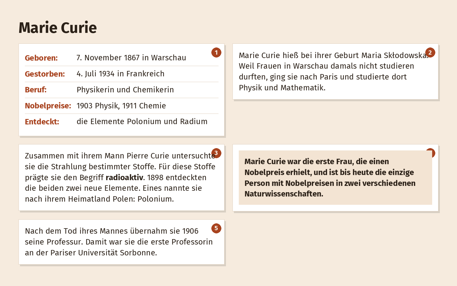 Textbild „Marie Curie“, erste Fassung